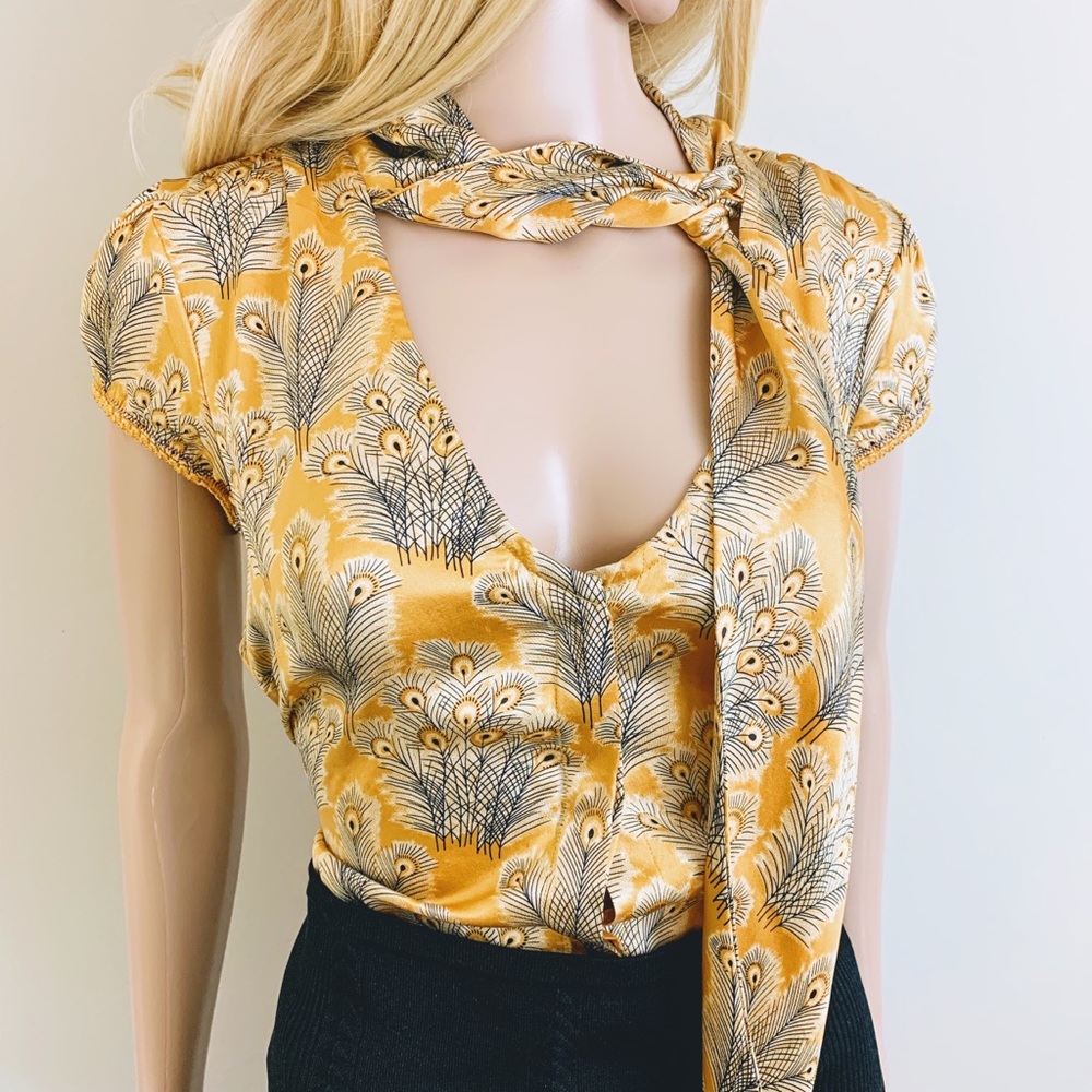 Free People Silk Yellow Feather Pattern Blouse